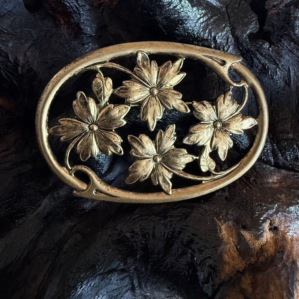 Art Nouveau Style Floral Oval Brooch Pin Antiqued Gold Tone Finish Statement